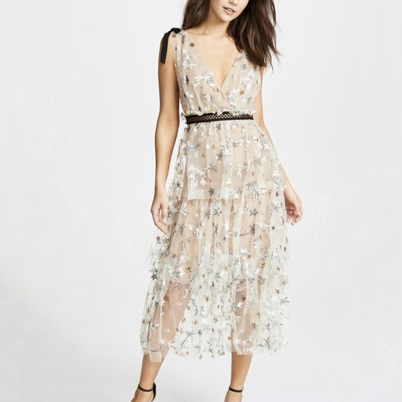 NEW Self-Portrait Star Mesh Sleeveless Midi Dress in Nude Women’s Size US 4 - Picture 1 of 11